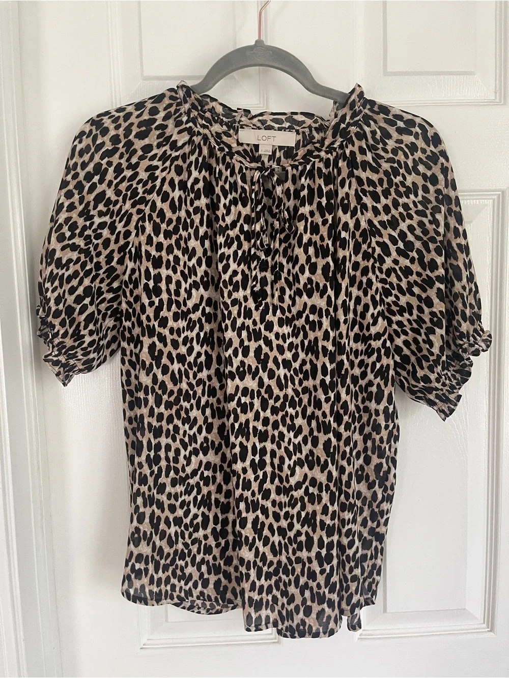 LOFT Leopard-Print Tie-Neck Puff Sleeve Blouse in Tan and Black